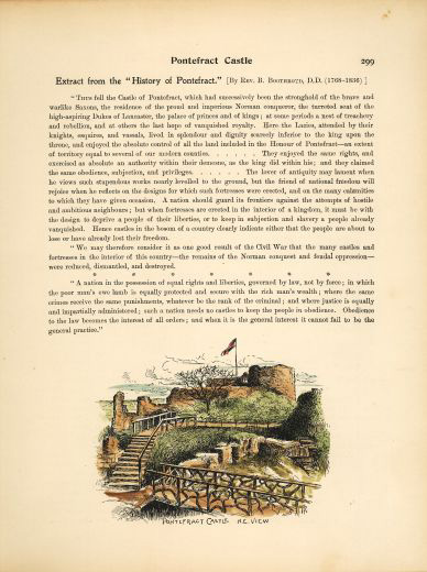 The keep seen from the 'rustic' bridge in the kitchens in 1902 after the grounds were opened as a park. The view has been 'improved' by linking the remains of the curtain wall to the terrace door and keep. The path from the steps has been diverted and the artist has re-aligned the window shaped hole at the top of the keep to improve the composition [Click here to open image in popup]