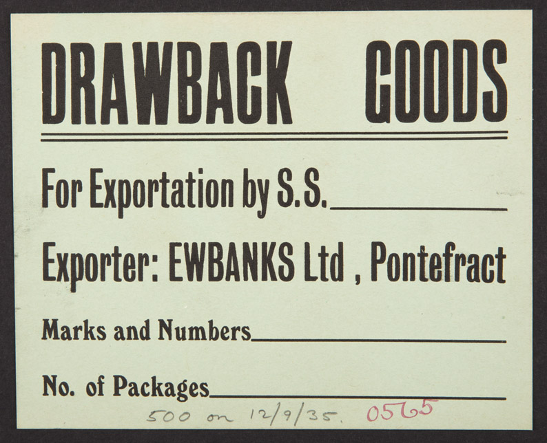 Transport label for confectionery company Ewbanks Ltd. Thomas Firth set up Pontefract’s second liquorice factory based in Elephant Yard, in 1810. The founder was eventually succeeded by Mr David Longstaffe, who later sold to Mr Robert Ewbank and Mr W. R. Horsfall. Under Mr Ewbank’s direction the company grew and expanded. In 1913 the business was purchased by a group and formed as a private limited company. In January 1961 the business merged with the toffee manufacturers Arthur Holland of Southport and closed four years later. [Click here to open image in popup]